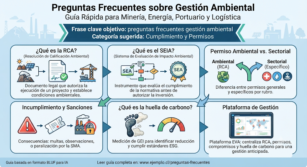 Infografía sobre preguntas frecuentes de gestión ambiental en Chile para industrias de minería, energía, portuario y logística. El gráfico resume conceptos clave como la RCA, el SEIA, la diferencia entre permisos ambientales y sectoriales, las consecuencias del incumplimiento ante la SMA, la medición de huella de carbono y los beneficios de usar Plataforma EVA para una gestión centralizada y anticipada.