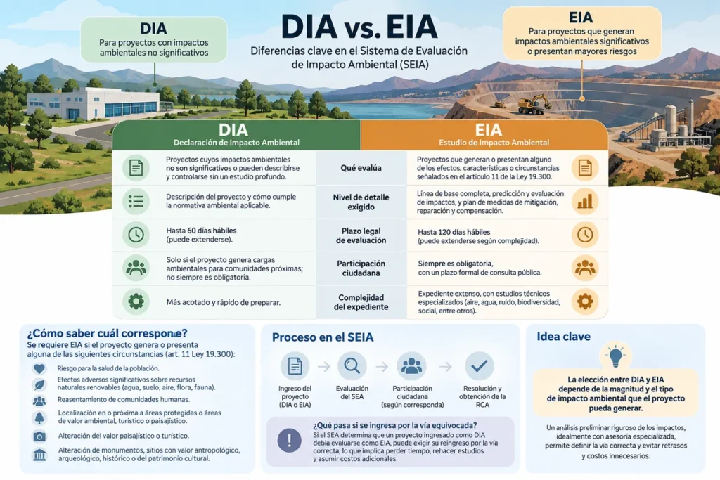 Diferencias entre DIA vs. EIA en el SEIA de Chile: impactos ambientales, plazos, participación ciudadana y nivel de evaluación.