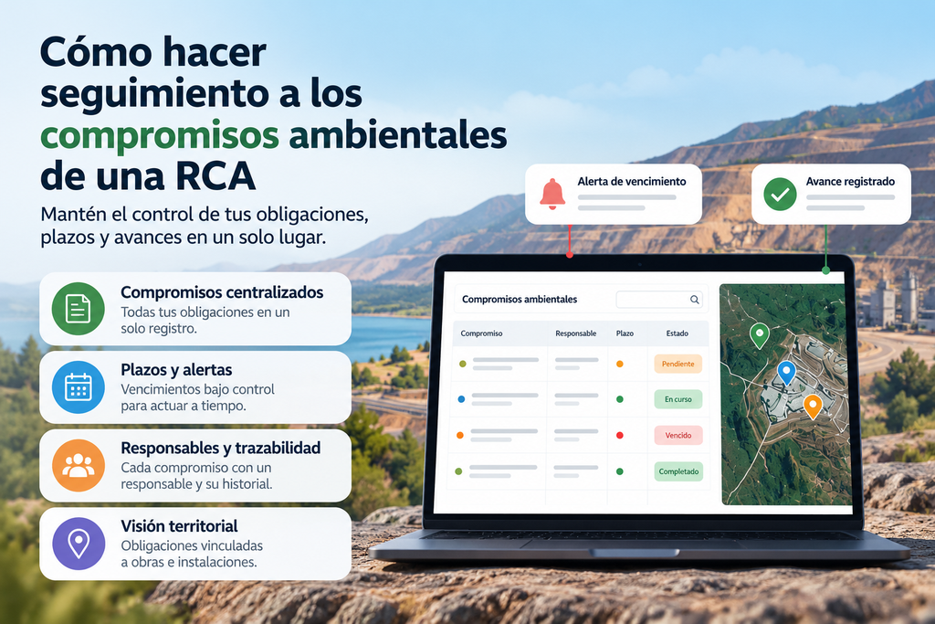 Seguimiento de compromisos ambientales de una RCA mediante software de gestión ambiental con control de plazos, alertas, responsables, trazabilidad y georreferenciación.